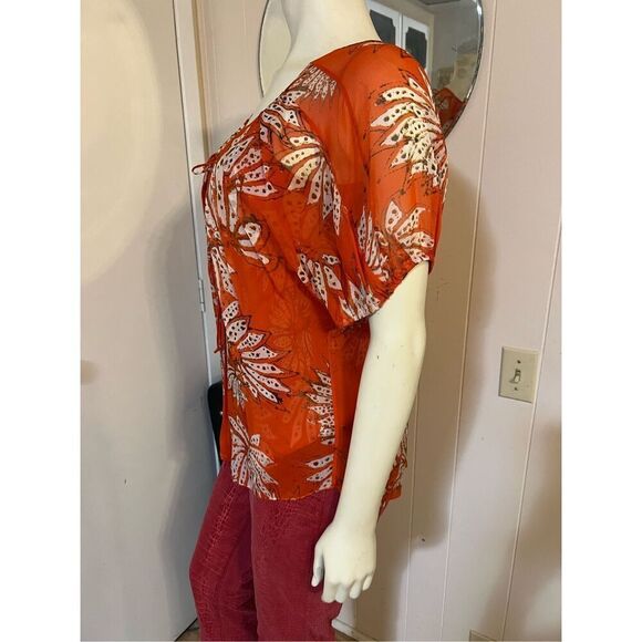 Diane von Fursenburg Flowy Floral Orange 100% Silk Butterfly Scoop Neck Lightwei - Picture 3 of 7